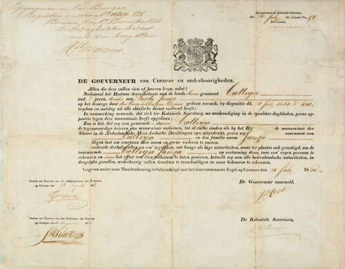 Manumissiebrief voor de tot slaaf gemaakte Cattrijn Janga, uitgegeven uit naam van de gouverneur van Curaçao De Croe, op 31 maart 1861. Cattrijn was 7 jaar, en dochter van Geerto Janga. 653-1